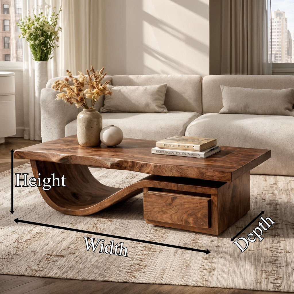 Spry Interior Modern Organic Coffee Table with Storage, Solid Wood Center Table & Living Room Accent Furniture, SINLKICF362