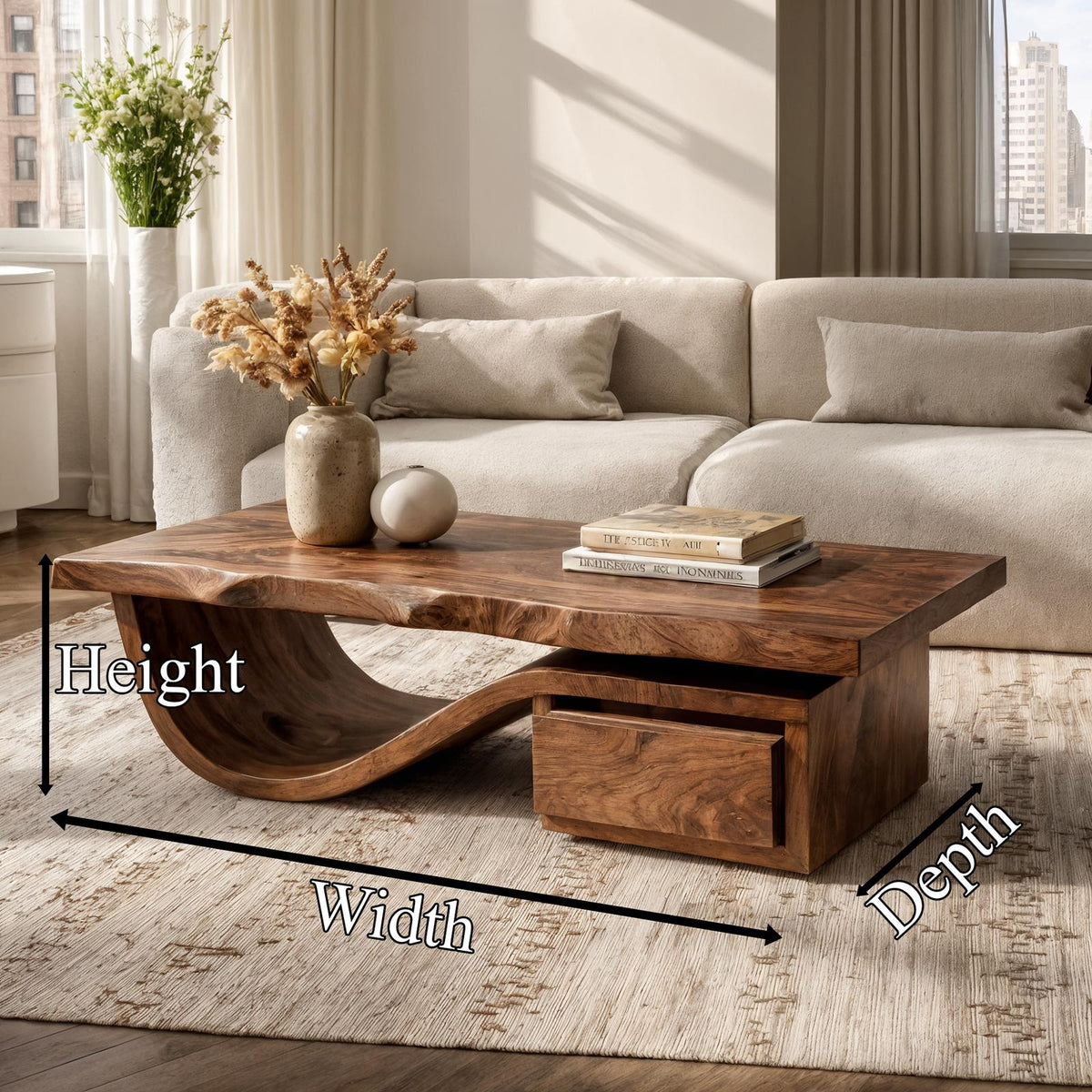 Spry Interior Modern Organic Coffee Table with Storage, Solid Wood Center Table & Living Room Accent Furniture, SINLKICF362