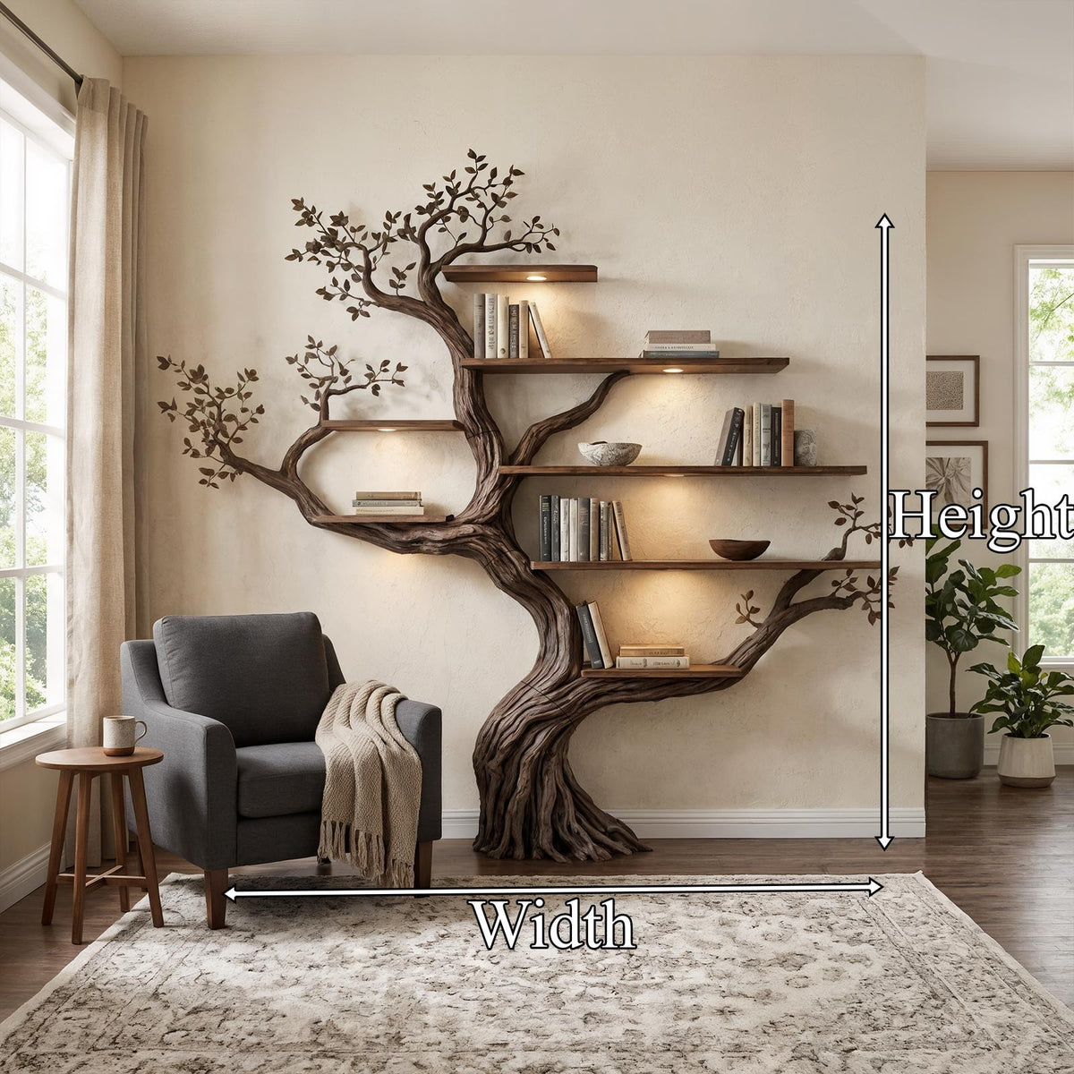 Modern Organic Tree Bookshelf, Flowing Sculptural Solid Wood Wall Mounted Floating Branch Bookcase for Living Room