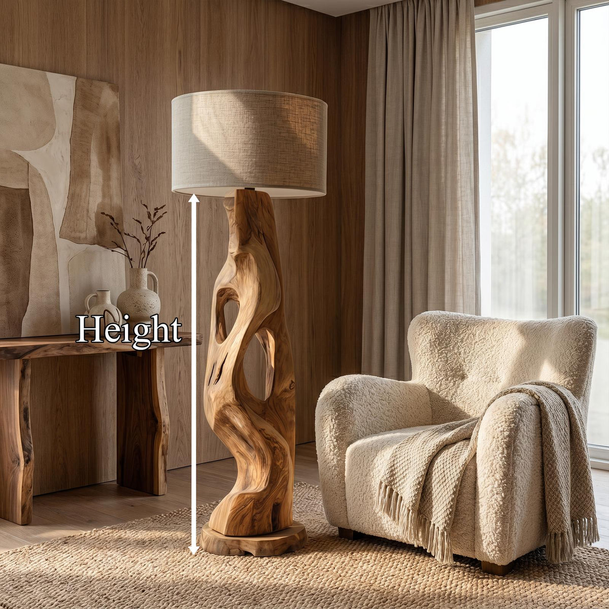 Organic Modern Standing Lamp with Artistic Solid Wood Base, Tall Floor Light for Living Room