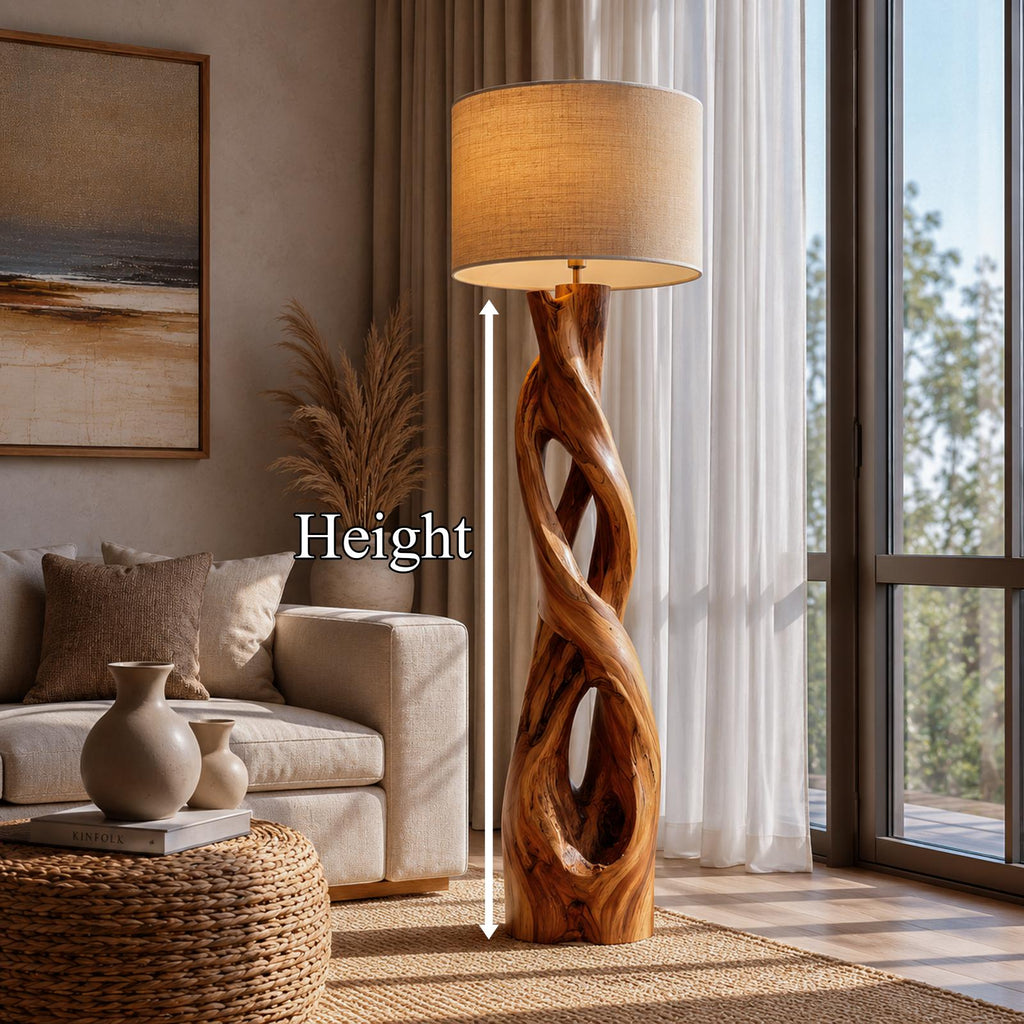 Nature-Inspired Floor Lamp with Sculptural Wood Form and Fabric Shade, Standing Tall Light