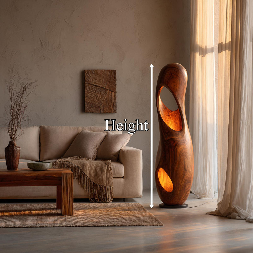 Organic Floor Lamp with Sculptural Hollow Wood Tower Design, Modern Artistic Standing Light