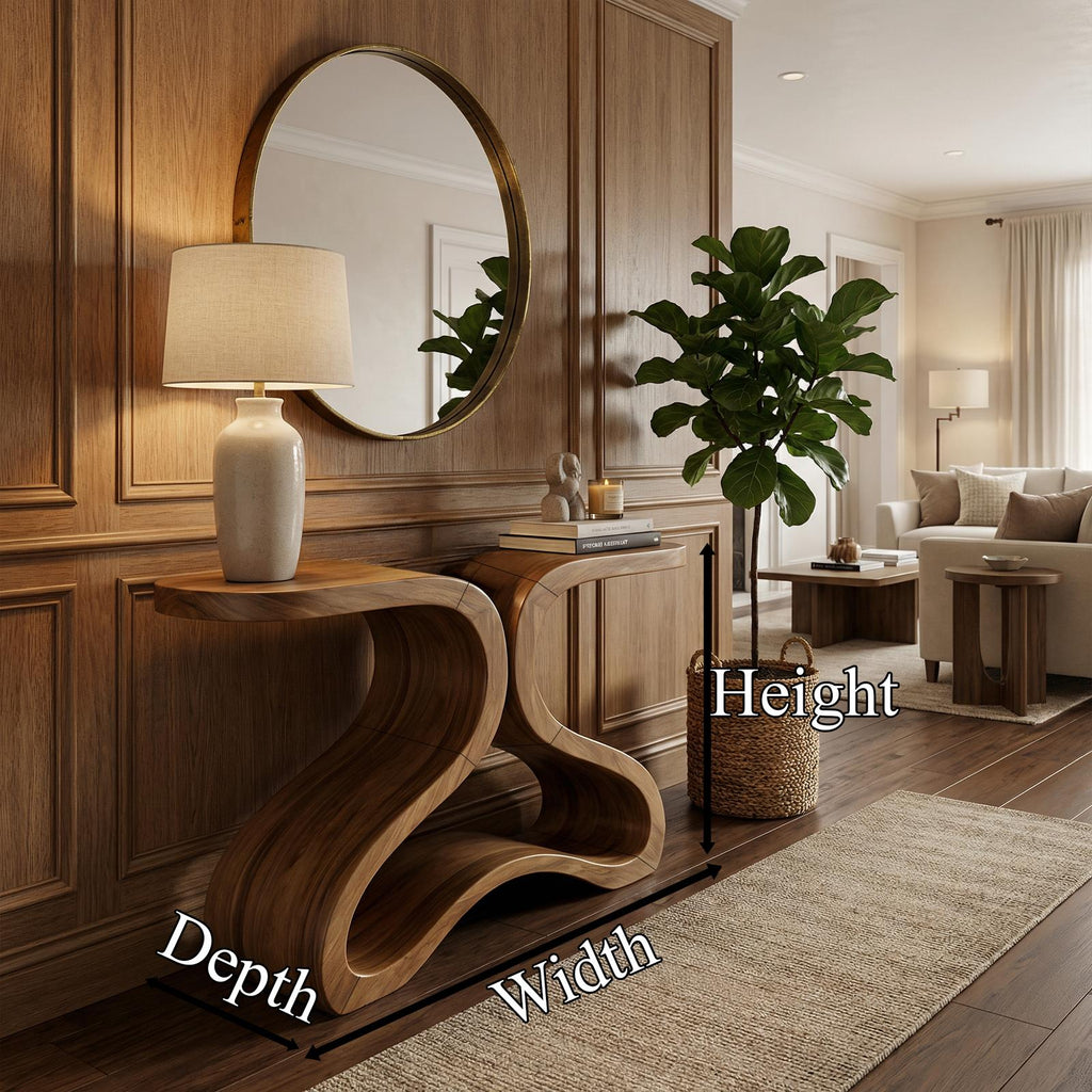 Spry Interior Organic Curved Console Table, Modern Solid Wood Entryway Sofa Table & Hallway Accent Credenza, SINLKICS568