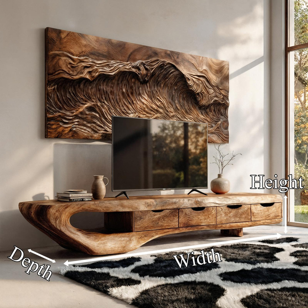 Mid-Century TV Cabinet, Solid Natural Wood Media Console Table, Modern Living Room TV Stand Unit