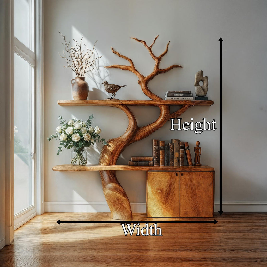 Rustic Tree Branch Bookshelf with Storage Cabinet, Solid Wood Decorative Bookcase, Bedroom Display Shelf