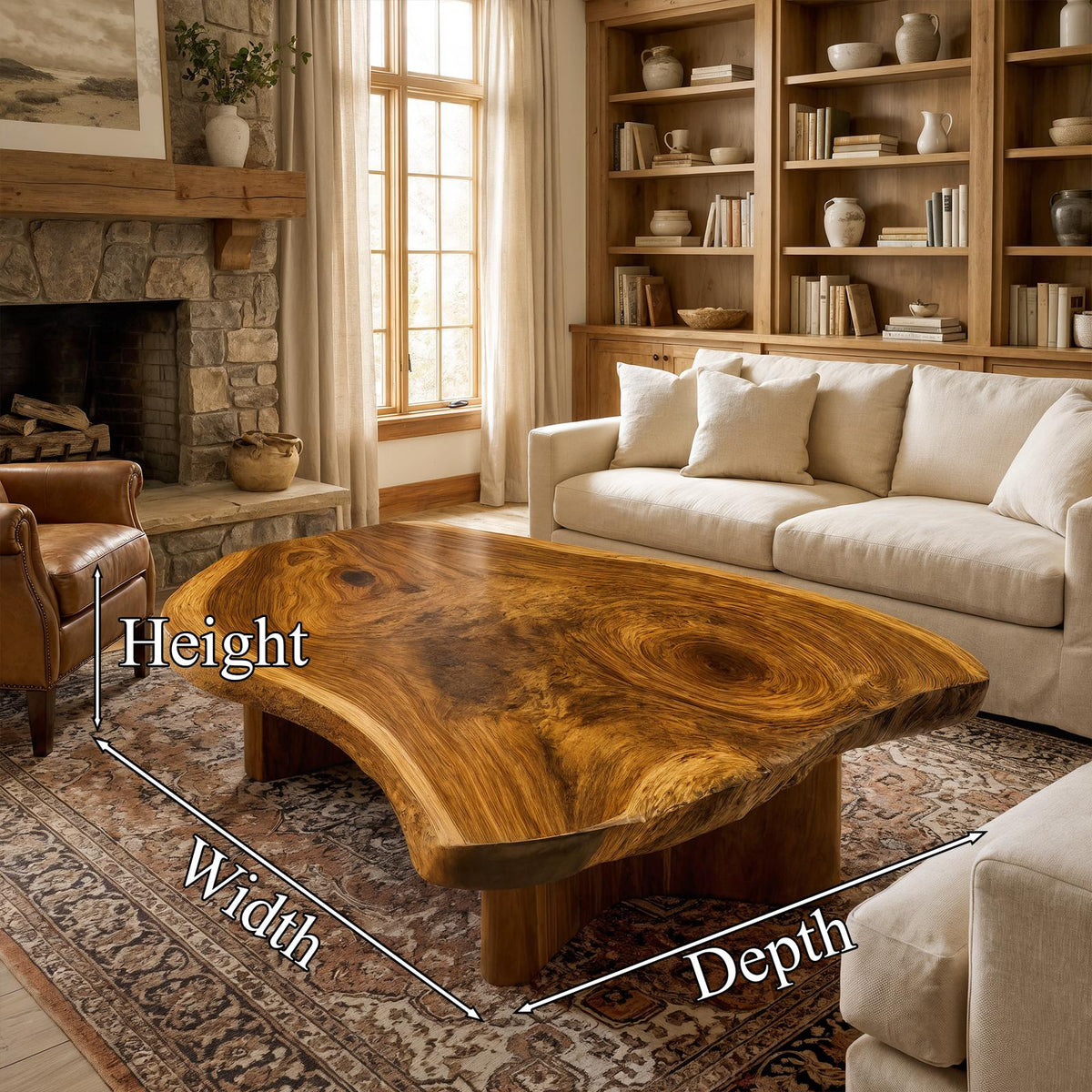 Spry Interior Rustic Live Edge Coffee Table, Solid Wood Natural Slab Center Table, Handcrafted Living Room Accent Table, SINLKICF343
