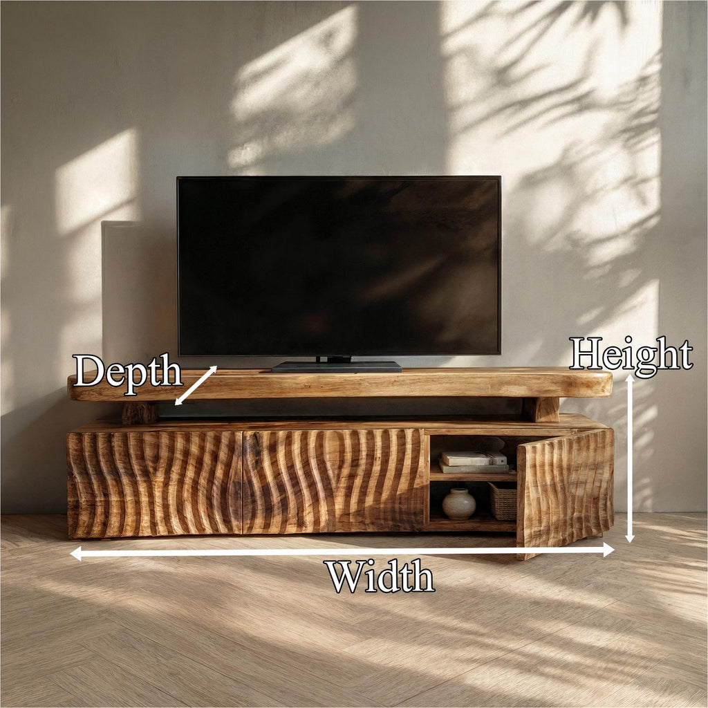 Modern TV Cabinet, Solid Wood Media Console with Unique Wave Pattern Storage for Living Room