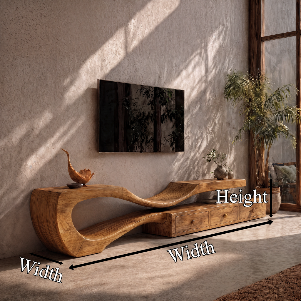 Modern TV Cabinet with Sculptural Curved Wood Base, Handcrafted Storage Drawers, Solid Wood Media Stand Credenza