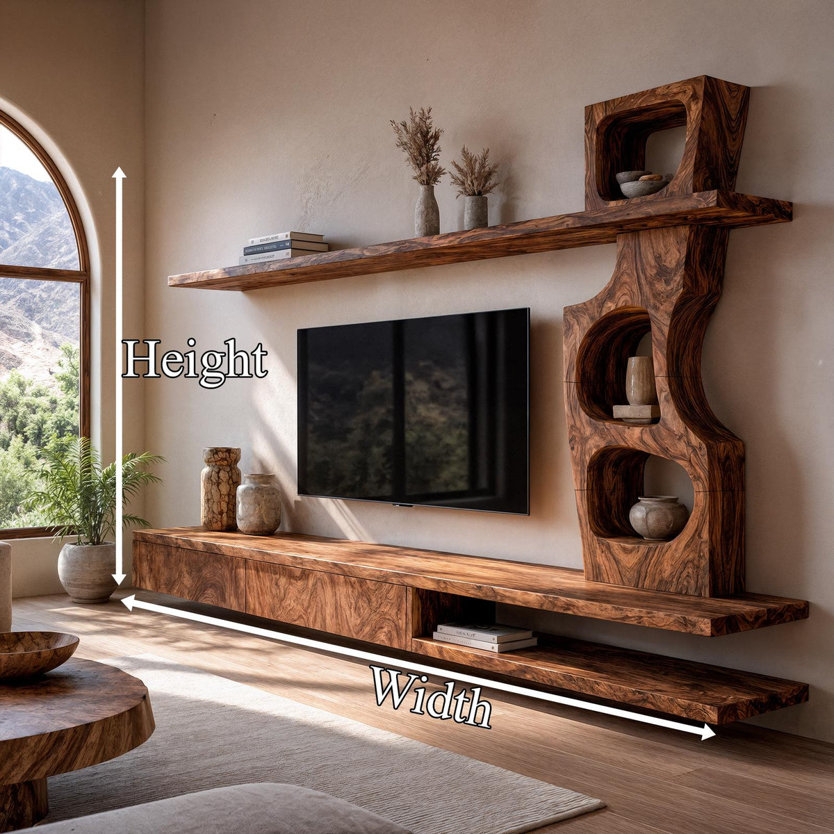 Sculptural Wood TV Cabinet with Tree Inspired Storage Shelves & Unique Media Credenza for Living Room
