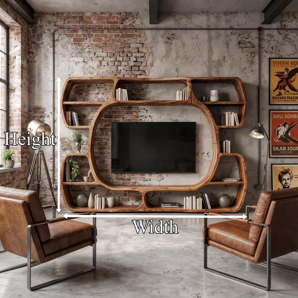 Organic Wood Entertainment Center with Sculptural Surround Shelves & Large TV Console for Living Room
