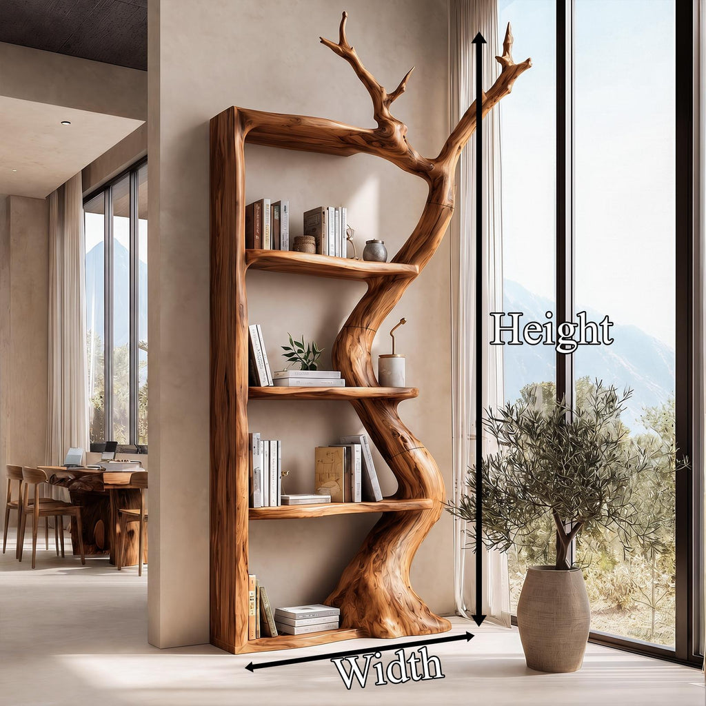 Sculptural Tree Bookshelf, Artistic Flowing Branch Shaped Solid Wood Open Display Shelves for Living Room Office