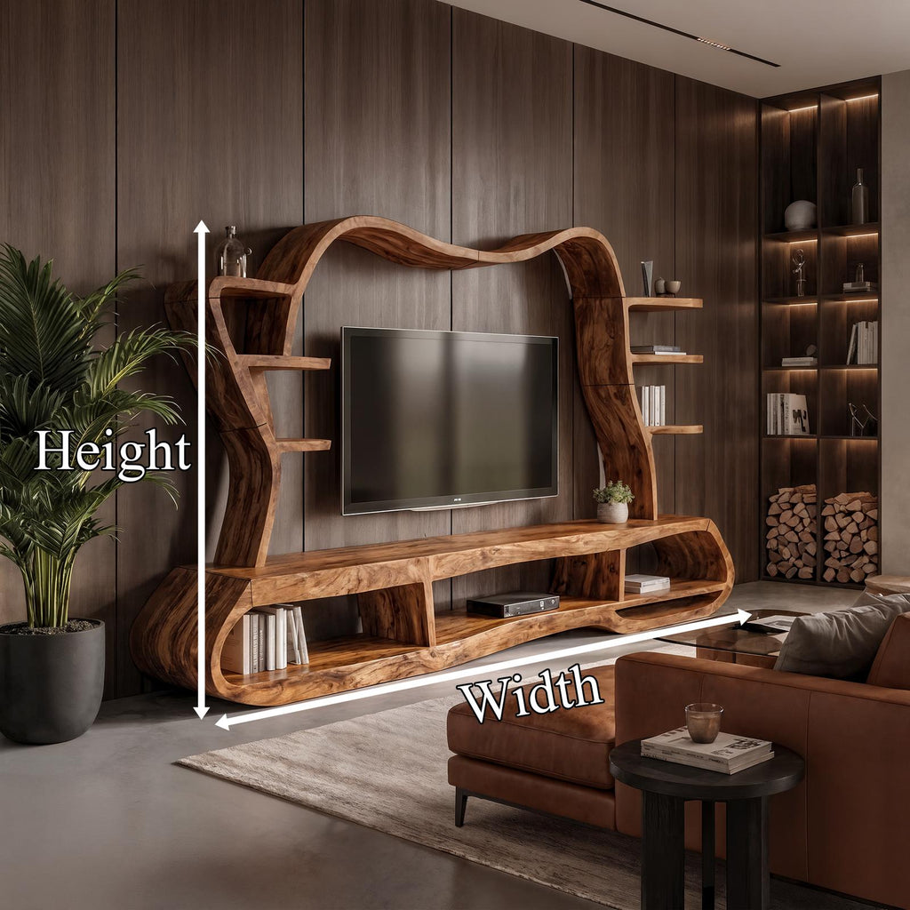 Modern Wood Entertainment Center with Sculptural Curved Shelving, Luxury Living Room TV Stand Console