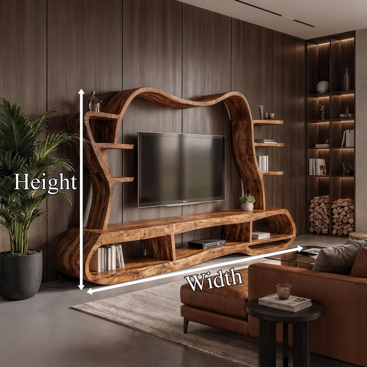 Modern Wood Entertainment Center with Sculptural Curved Shelving, Luxury Living Room TV Stand Console