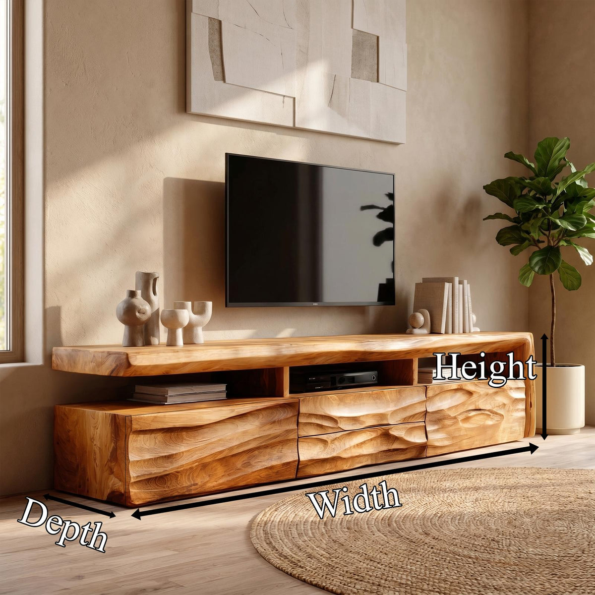 Organic TV Cabinet, Hand-Carved Textured Front Solid Wood Media Storage Console with Open Shelves for Living Room