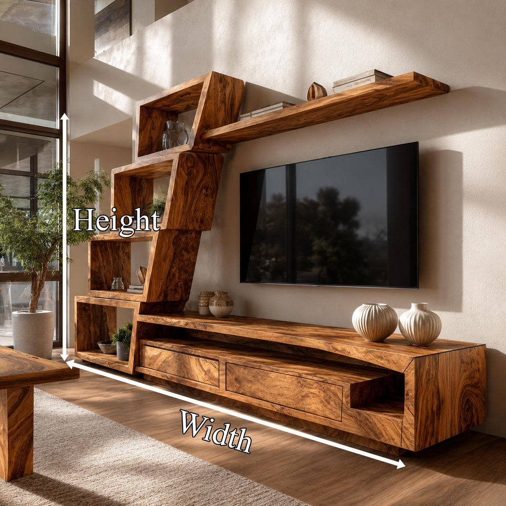 Organic Wood TV Cabinet with Artistic Open Shelving System & Modern Media Console Table for Living Room