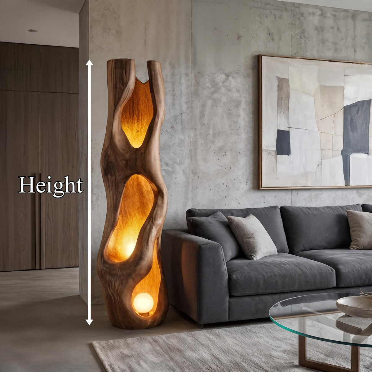 Nature Inspired Floor Lamp, Carved Driftwood Sculpture Tall Standing Light for Living Room