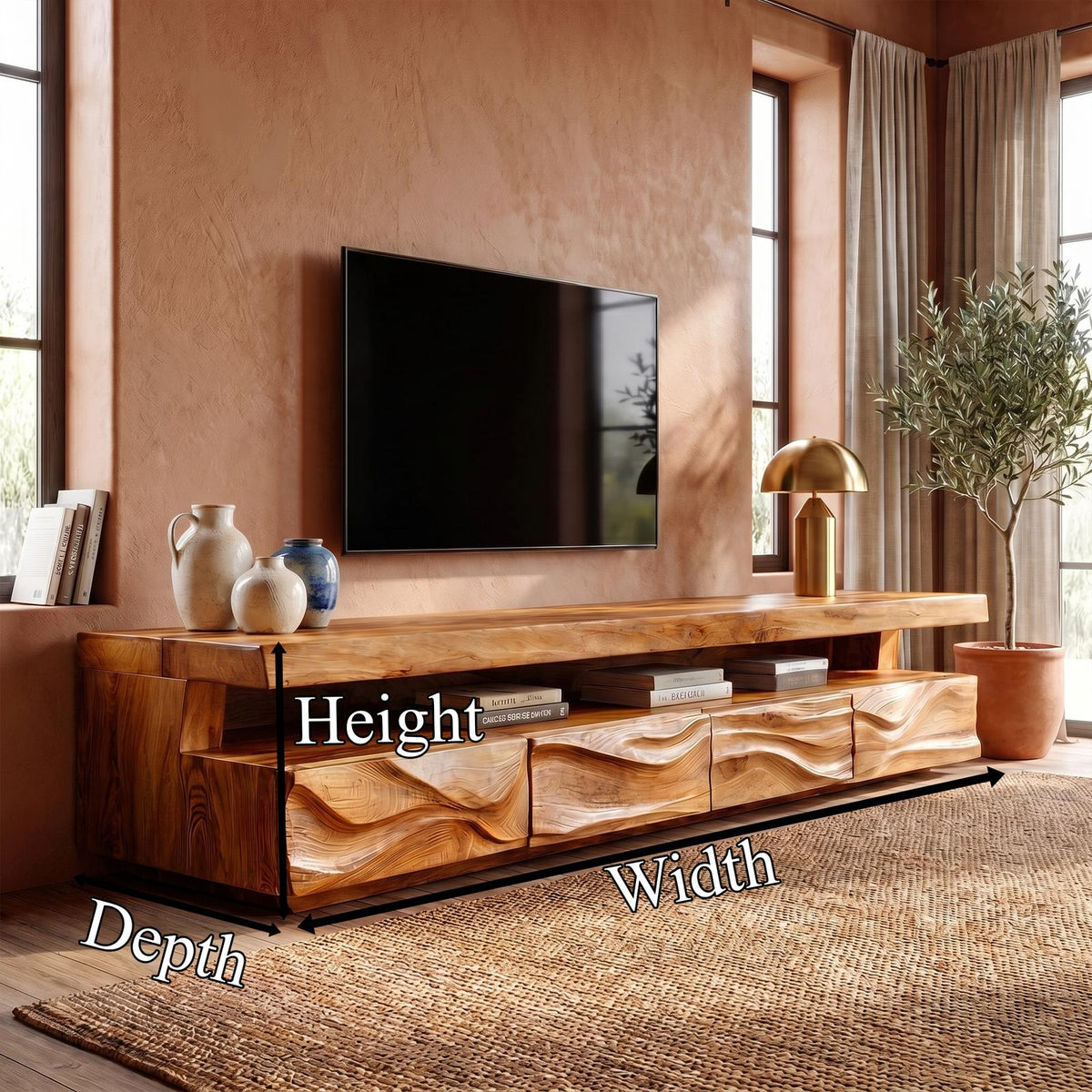 Modern Solid Wood TV Stand, Hand-Carved Textured Front Console Media Storage Cabinet for Living Room