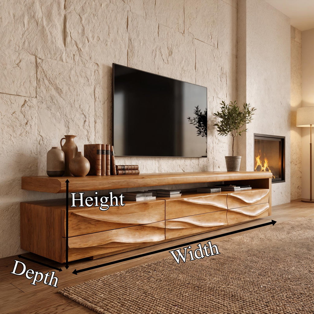 Organic Modern TV Cabinet Console, Handcrafted Curved Solid Wood Media Storage Credenza for Luxury Living Room