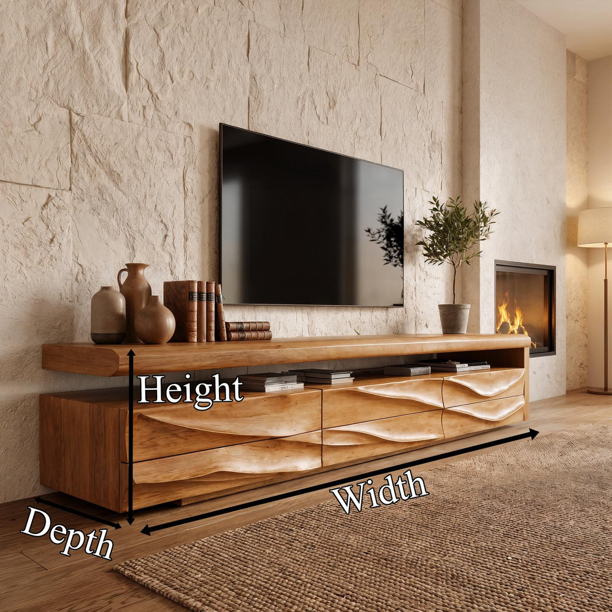 Organic Modern TV Cabinet Console, Handcrafted Curved Solid Wood Media Storage Credenza for Luxury Living Room