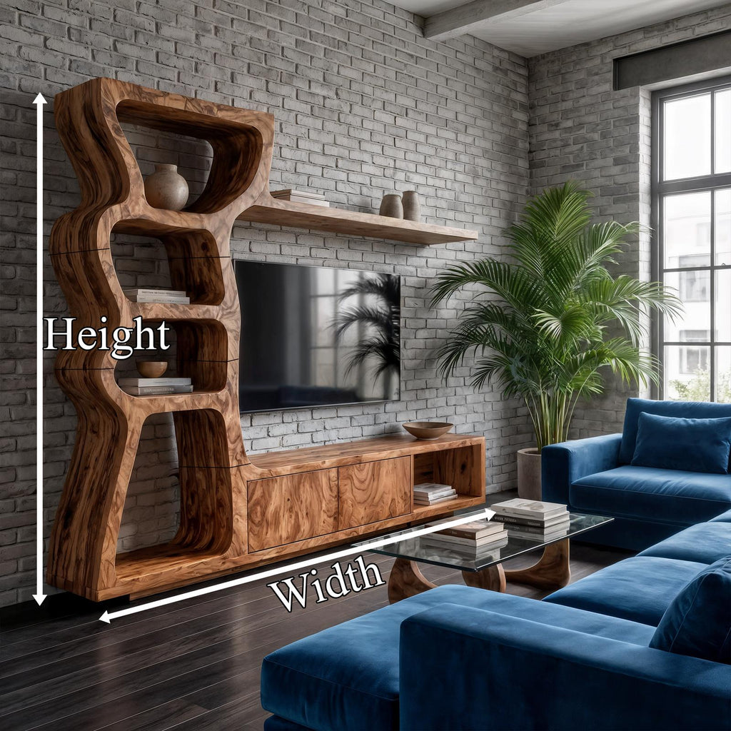 Modern Wood TV Cabinet with Curved Built-In Display Shelves & Entertainment Center Console for Living Room