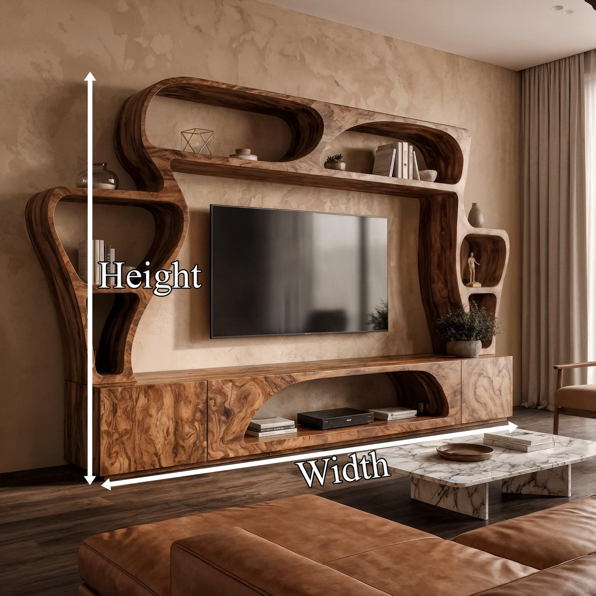 Solid Wood Statement TV Console, Handcrafted Living Room Entertainment Center with Sculptural Wall Shelves, Model