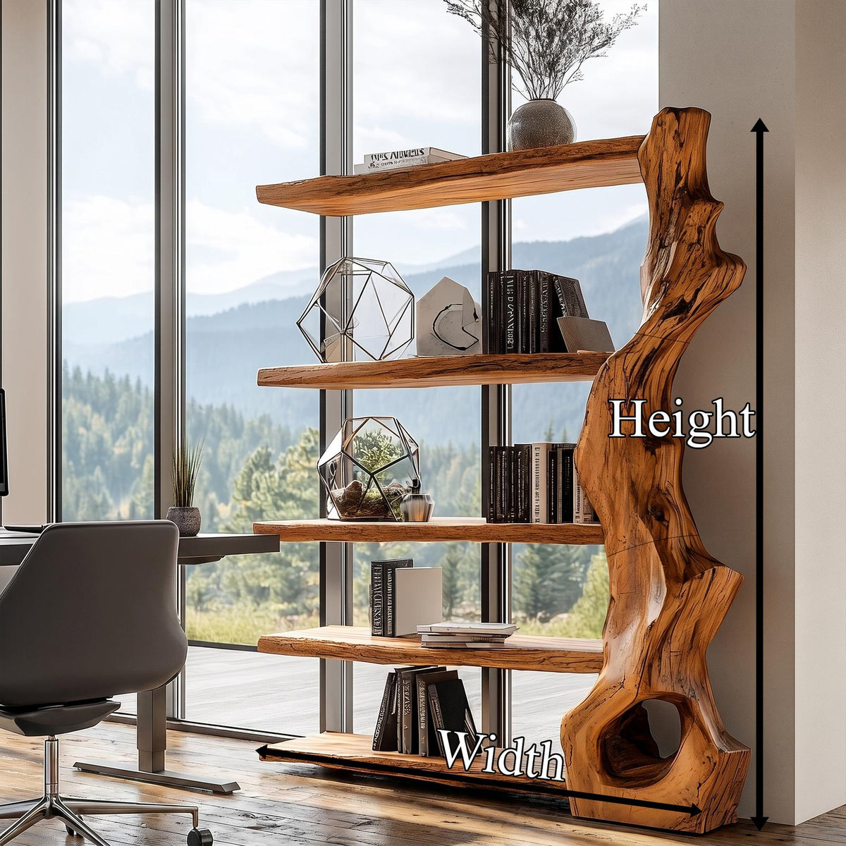 Rustic Tree Bookshelf with Handcrafted Branch Base, Solid Wood Bookcase Organizer with Open Shelves for Home Office Living Room