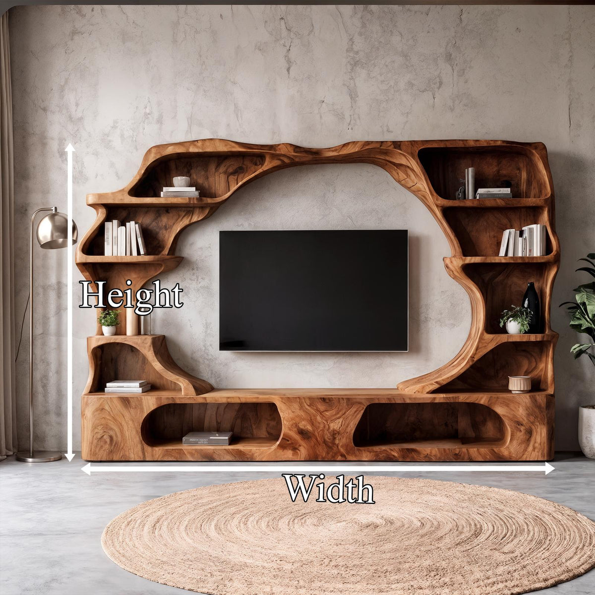 Nature-Inspired Wooden Entertainment Center, Handcrafted Living Room TV Console with Organic Display Shelves, Model