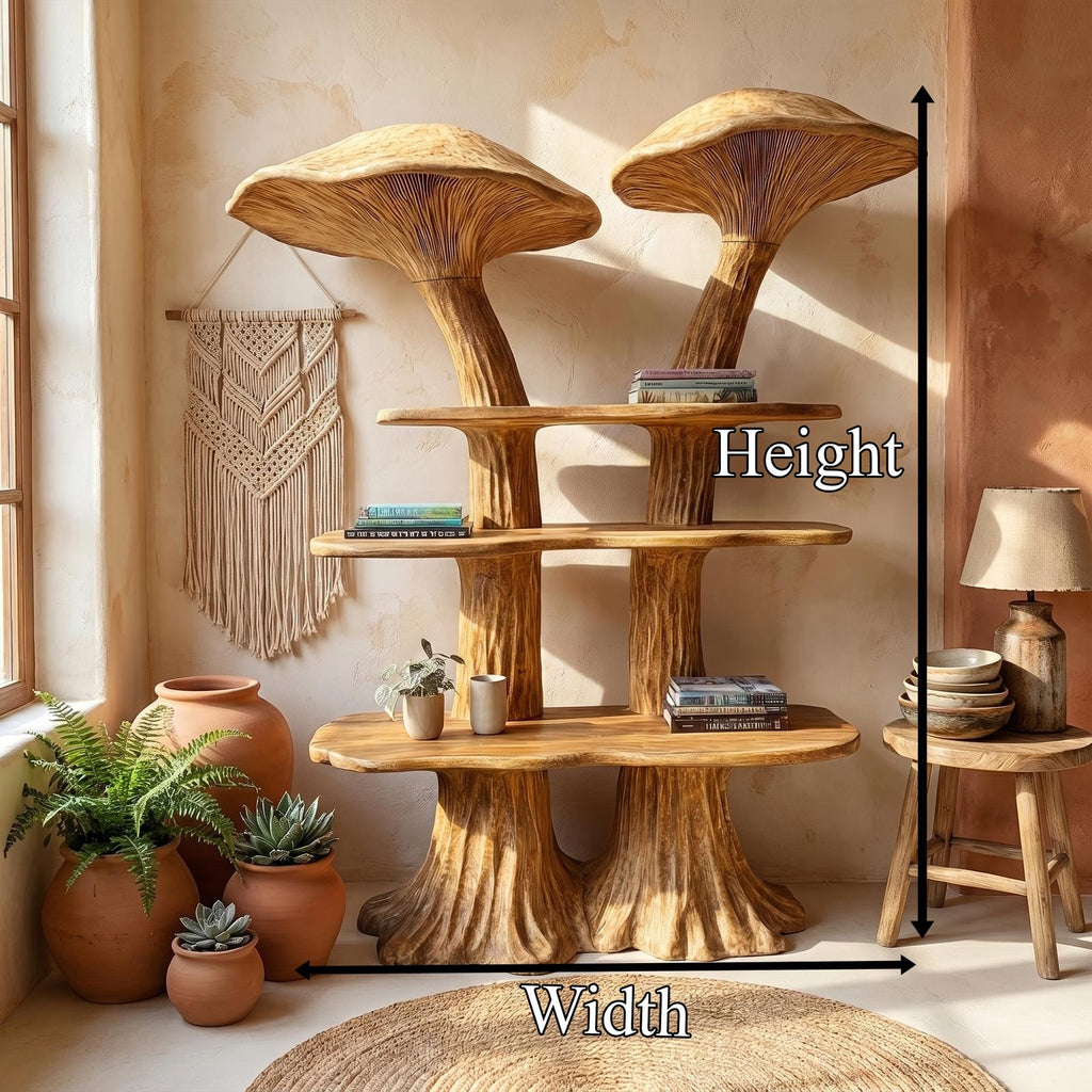Rustic Mushroom Bookshelf with Handcrafted Solid Wood Shelving, Whimsical Bookcase Organizer for Living Room