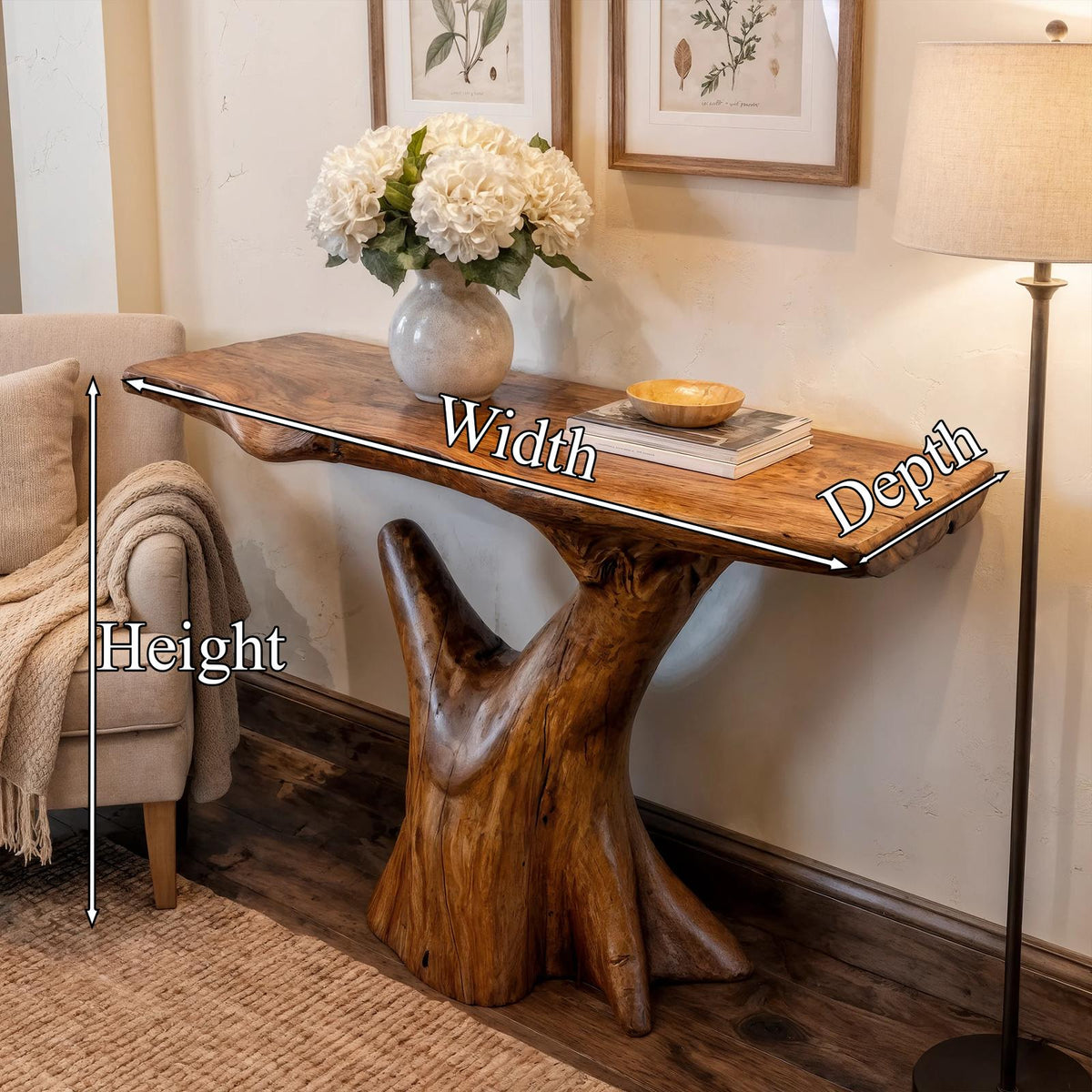 Rustic Sculptural Console Table, Natural Solid Wood Accent Sofa Table for Living Room & Foyer