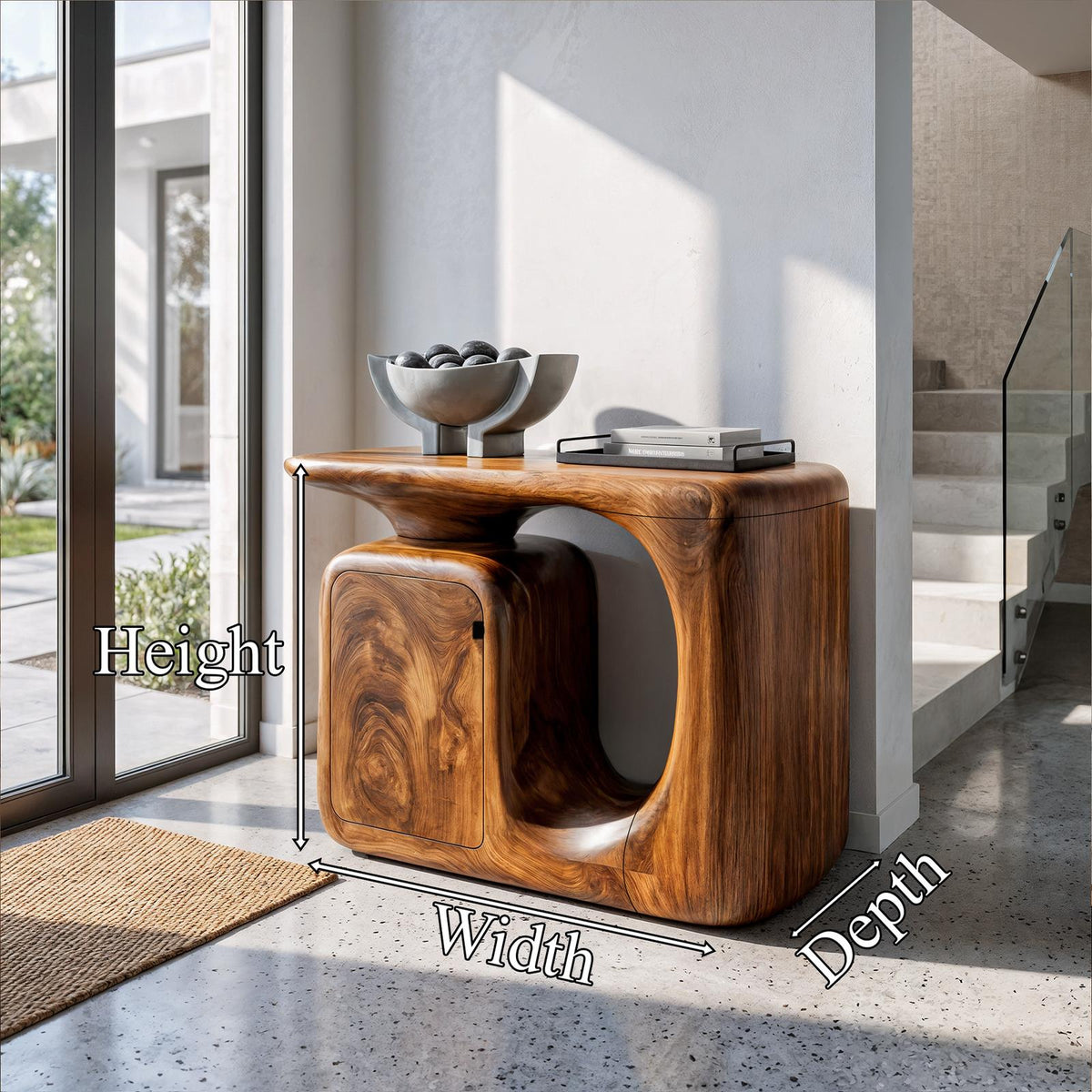 Modern Sculptural Console Table With Rounded Storage Cabinet For Entryway