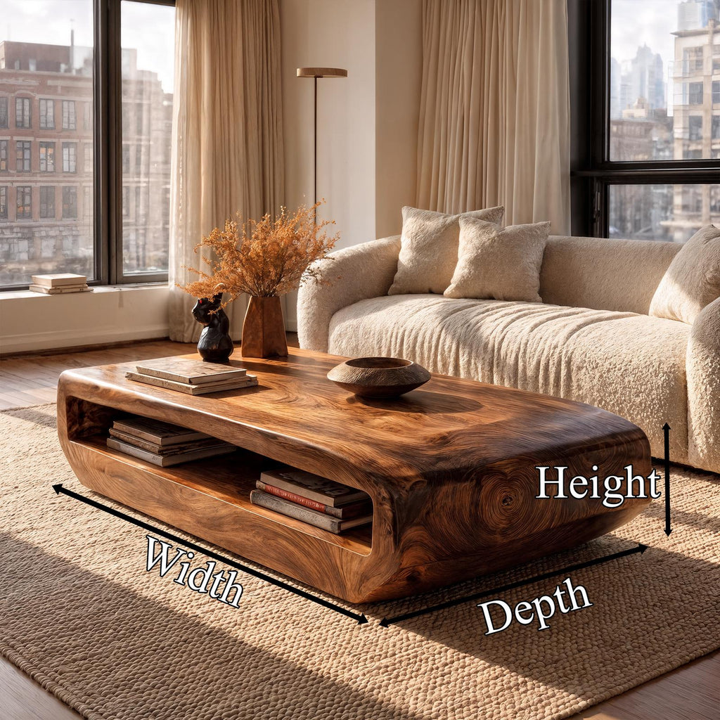 Rustic Natural Wood Coffee Table with Storage Shelf, Solid Wood Center Table for Cozy Living Room