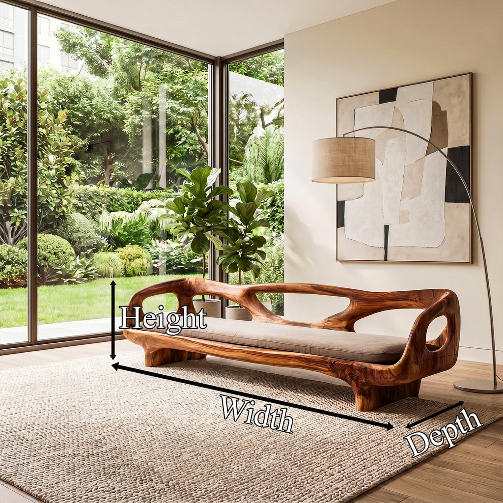 Organic Sculptural Sofa Frame, Curved Open Arm Solid Wood Couch Frame for Living Room