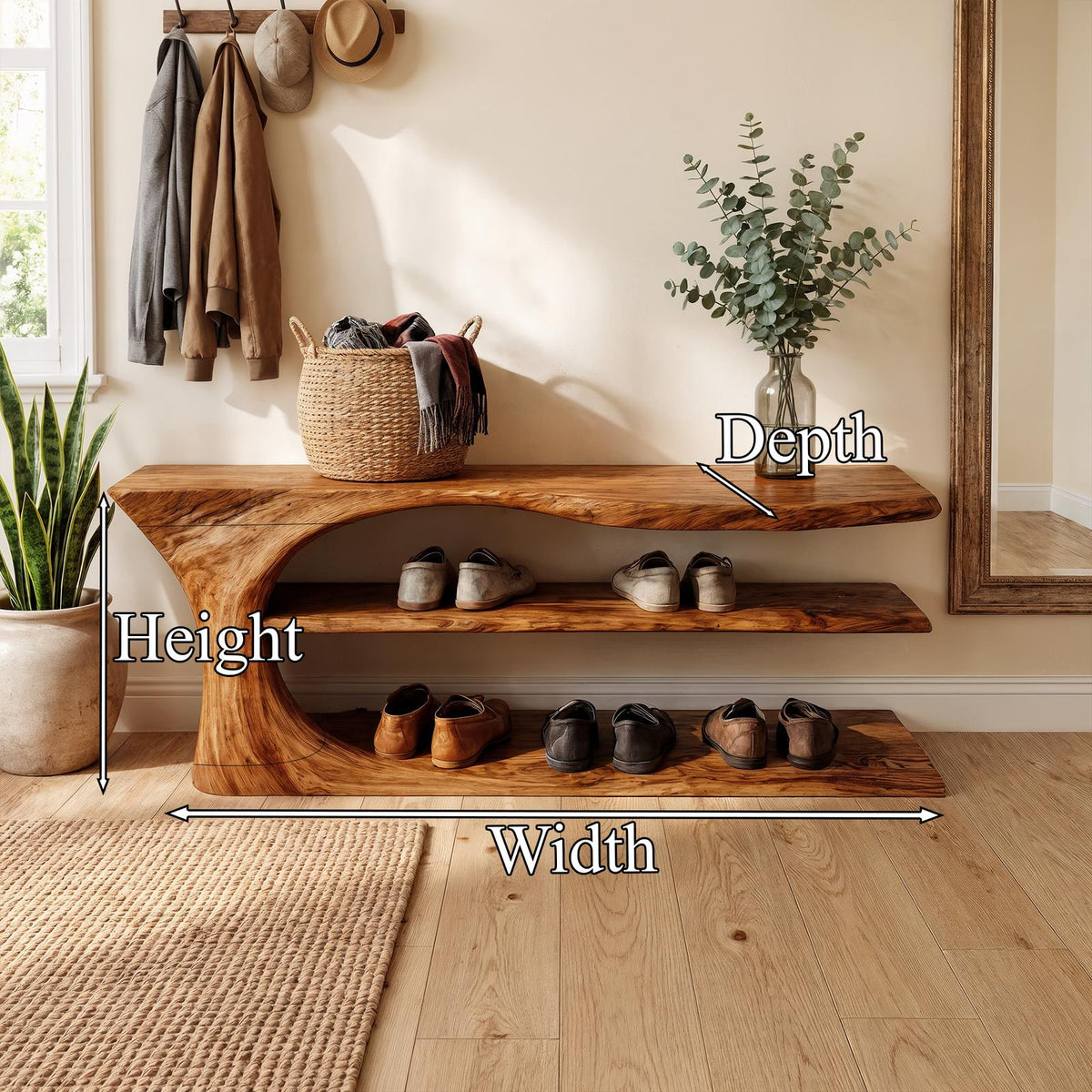 Mid Century Handcrafted Wooden Shoe Storage Bench Home