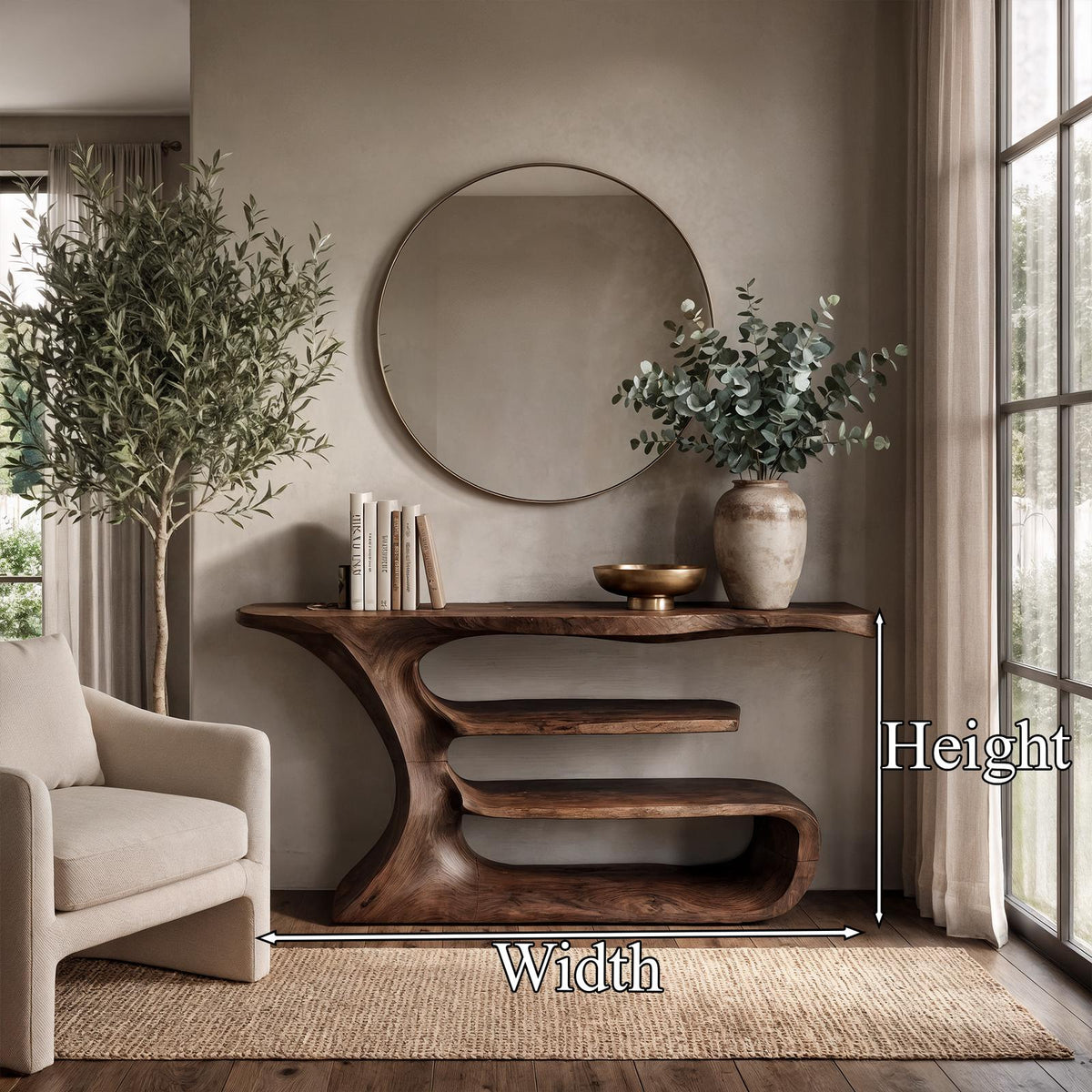 Sculptural Console Table, Solid Wood Artistic Accent Sofa Table for Elegant Living Room & Foyer
