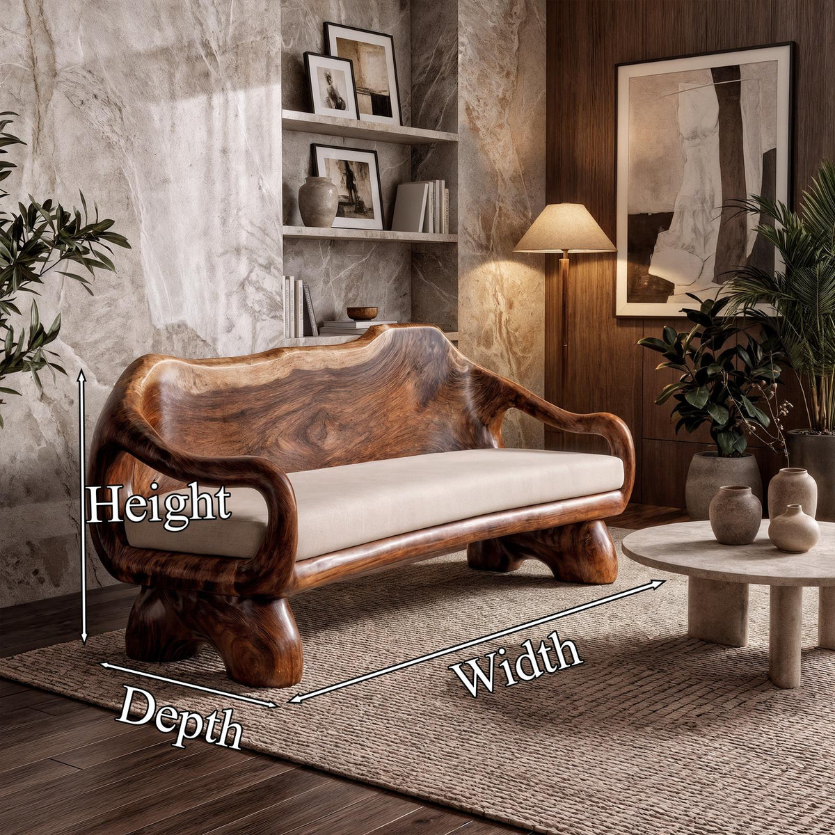 Sculptural Carved Sofa Frame Solid Wood Artistic Hand Carved Design Living Room And Lounge SINLKISF014