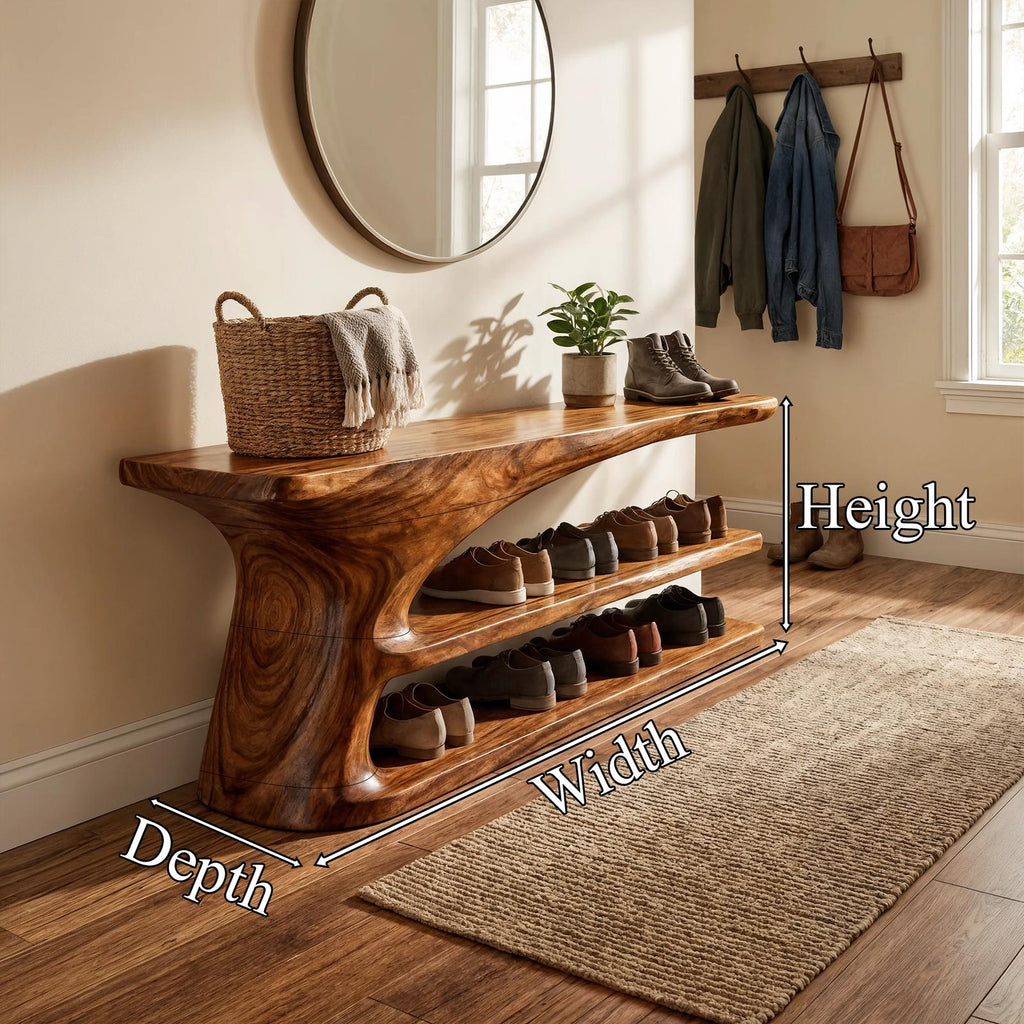Mid Century Natural Wood Shoe Storage Bench Hallway