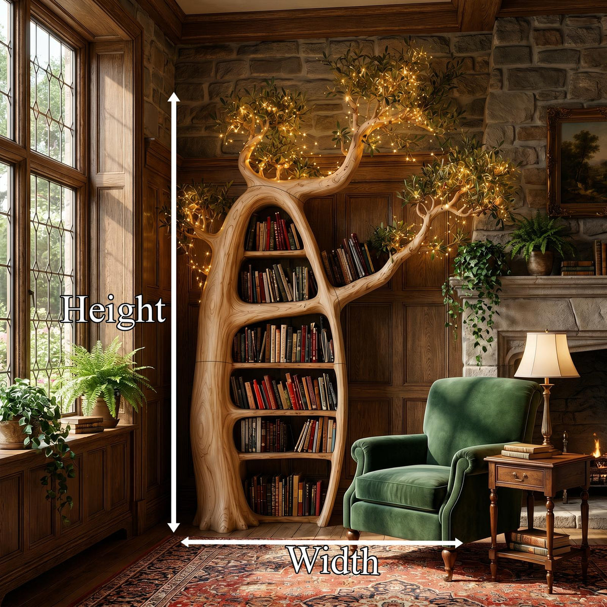 Artistic Tree Bookshelf with Illuminated Branch Crown, Handcrafted Wall Tree Shelf