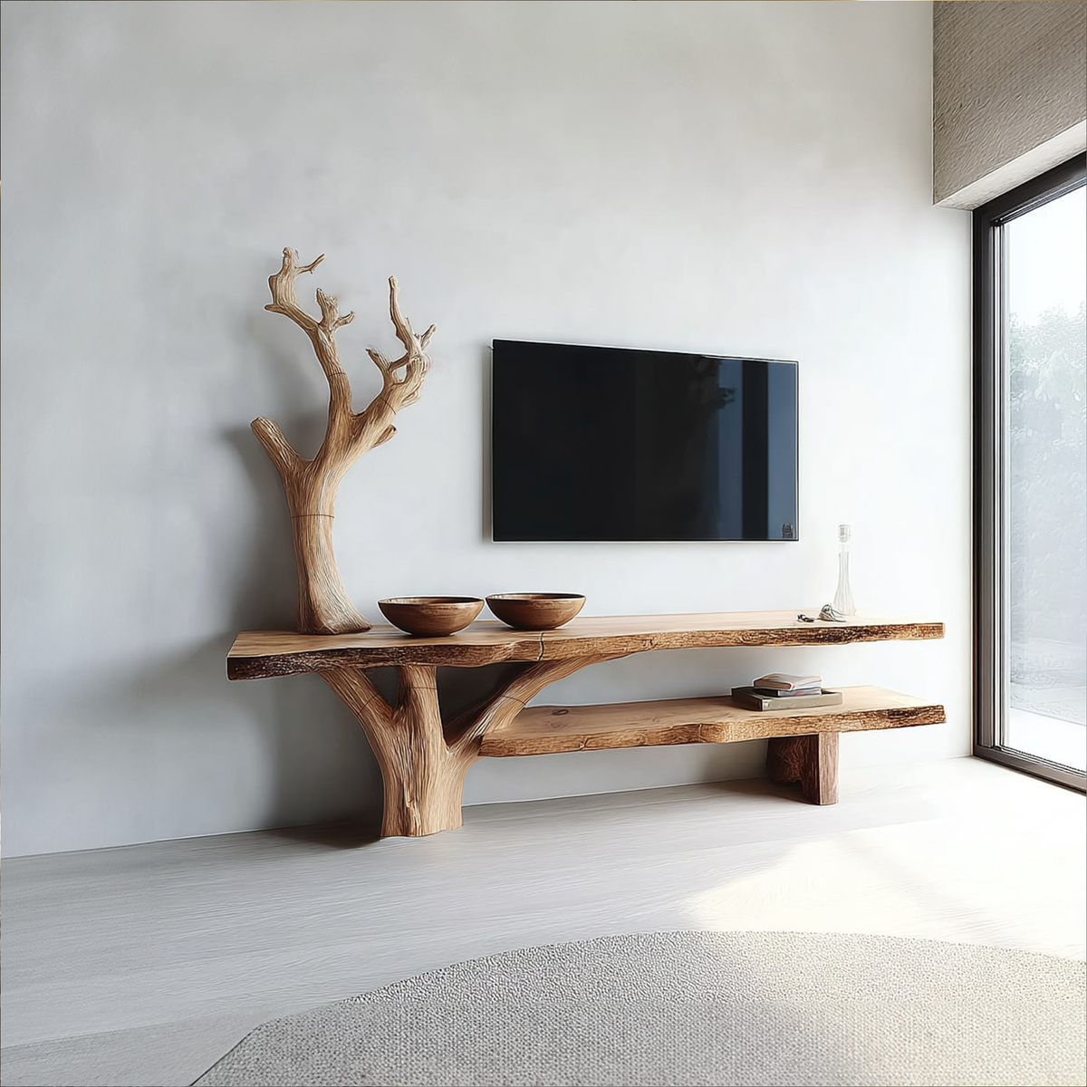 Rustic TV Console Table, Sculpted Solid Wood Base Media Stand, Handcrafted Credenza for Living Room