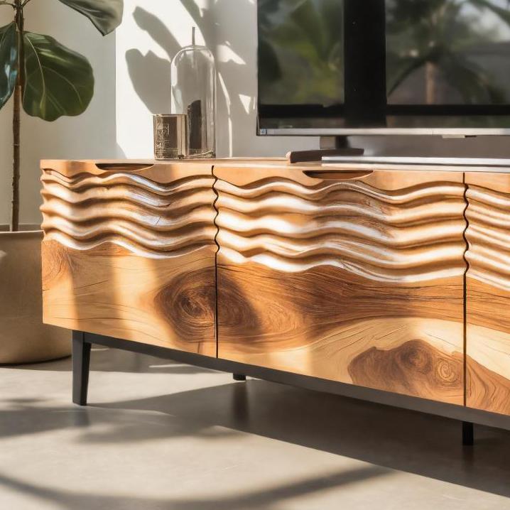 Modern Organic Wooden Sideboard, Wavy Front Solid Wood Buffet Cabinet, Artistic Credenza for Living Room