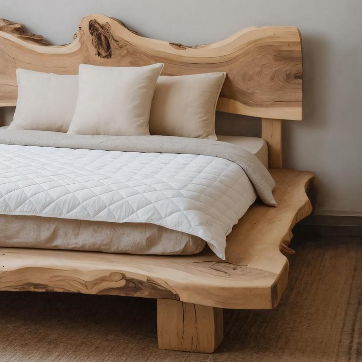 Solid Monkeypod Wood Bed Frame With Organic Headboard For Bedroom