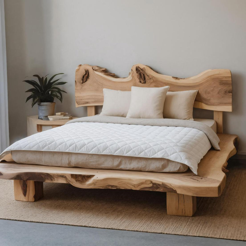 Solid Monkeypod Wood Bed Frame With Organic Headboard For Bedroom