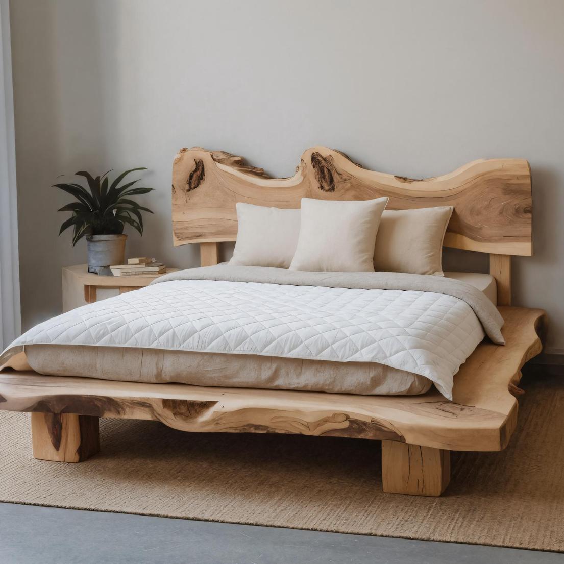 Solid Monkeypod Wood Bed Frame With Organic Headboard For Bedroom