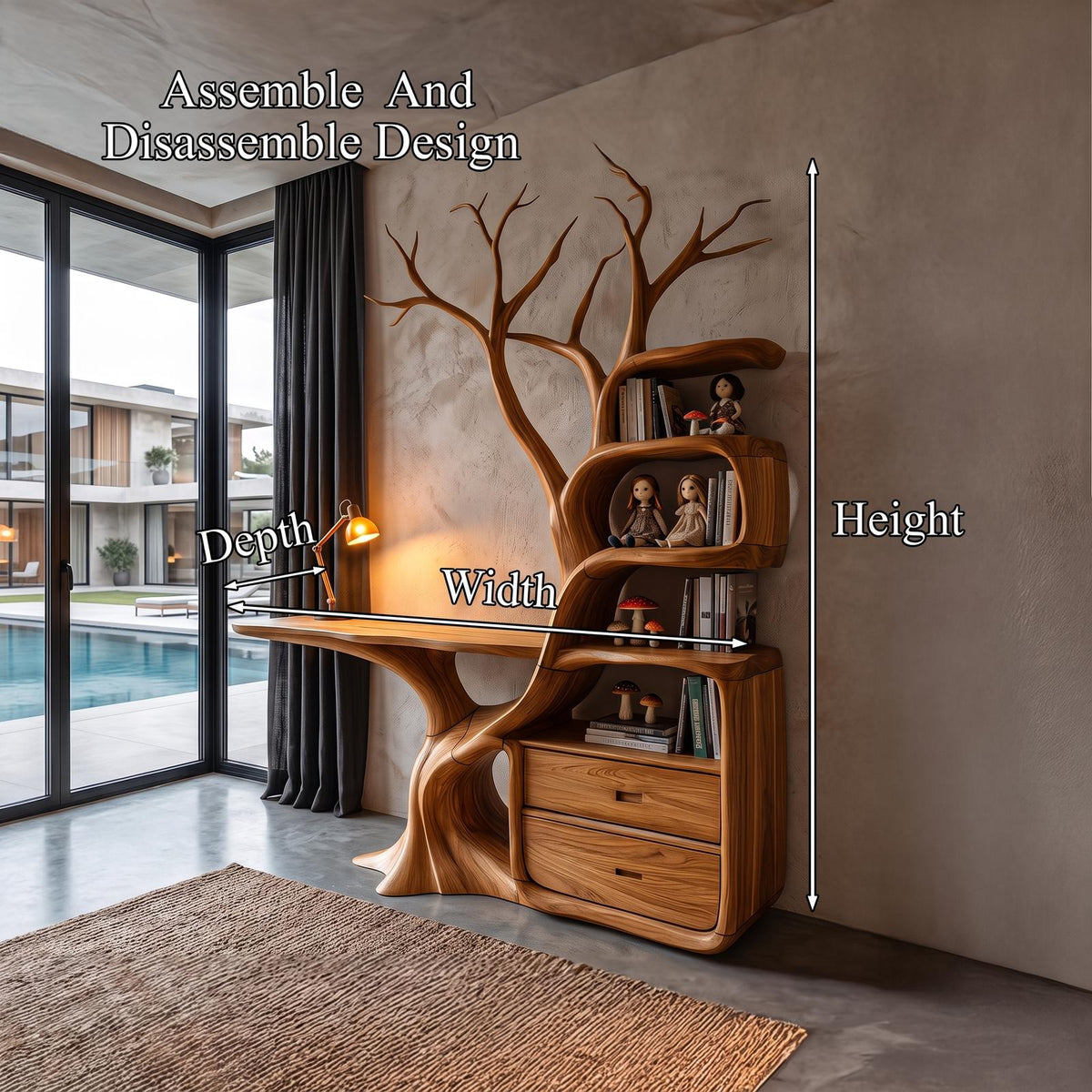 Natural Wall Mounted Tree Bookcase With Built In Drawers For Reading Nook