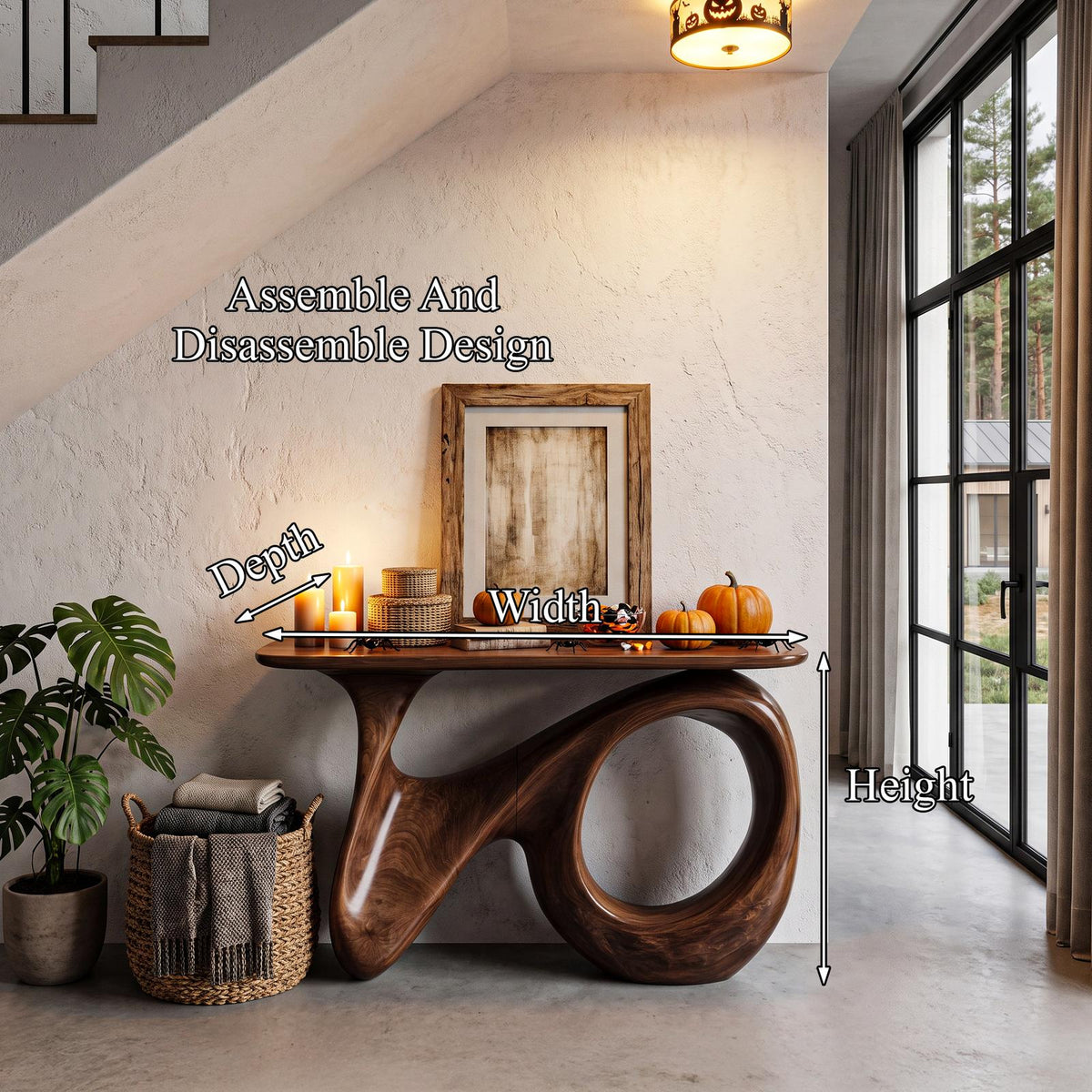 Natural Halloween Hallway Table With Carved Gothic Arch Frame For Foyer