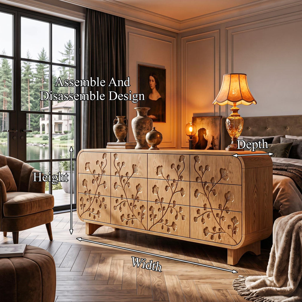 Minimalist All Wood Dresser With Subtle Leaf Carving And Soft Rounded Frame For Bedroom