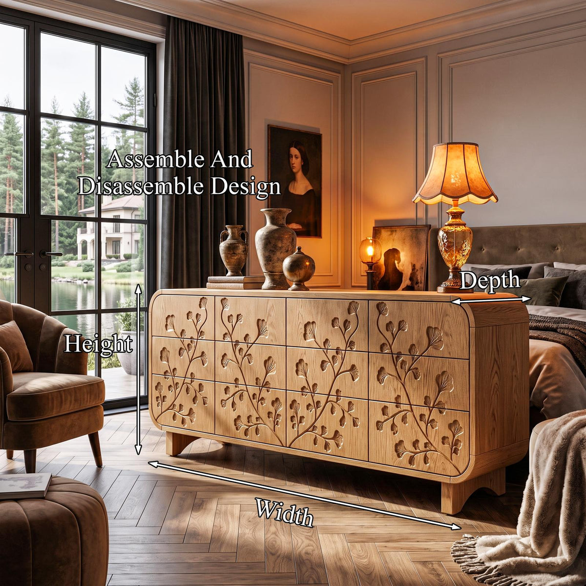 Minimalist All Wood Dresser With Subtle Leaf Carving And Soft Rounded Frame For Bedroom