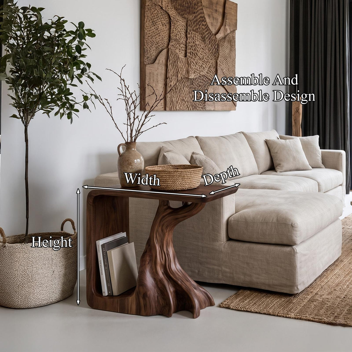Rustic Sculptural Bedside Table With Root Inspired Base For Living Room