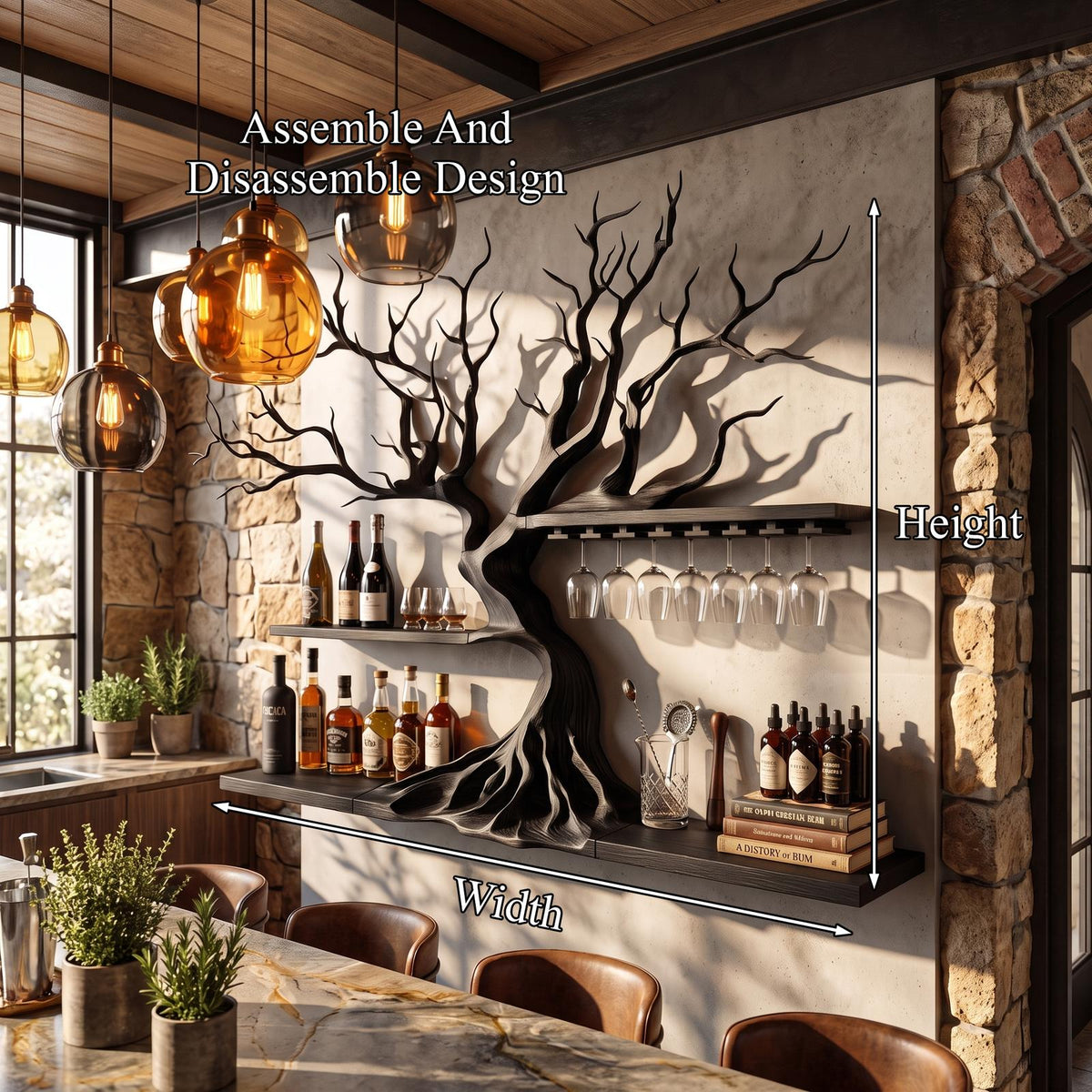 Modern Wooden Wine Rack With Sculptural Tree Frame For Kitchen And Dining Room