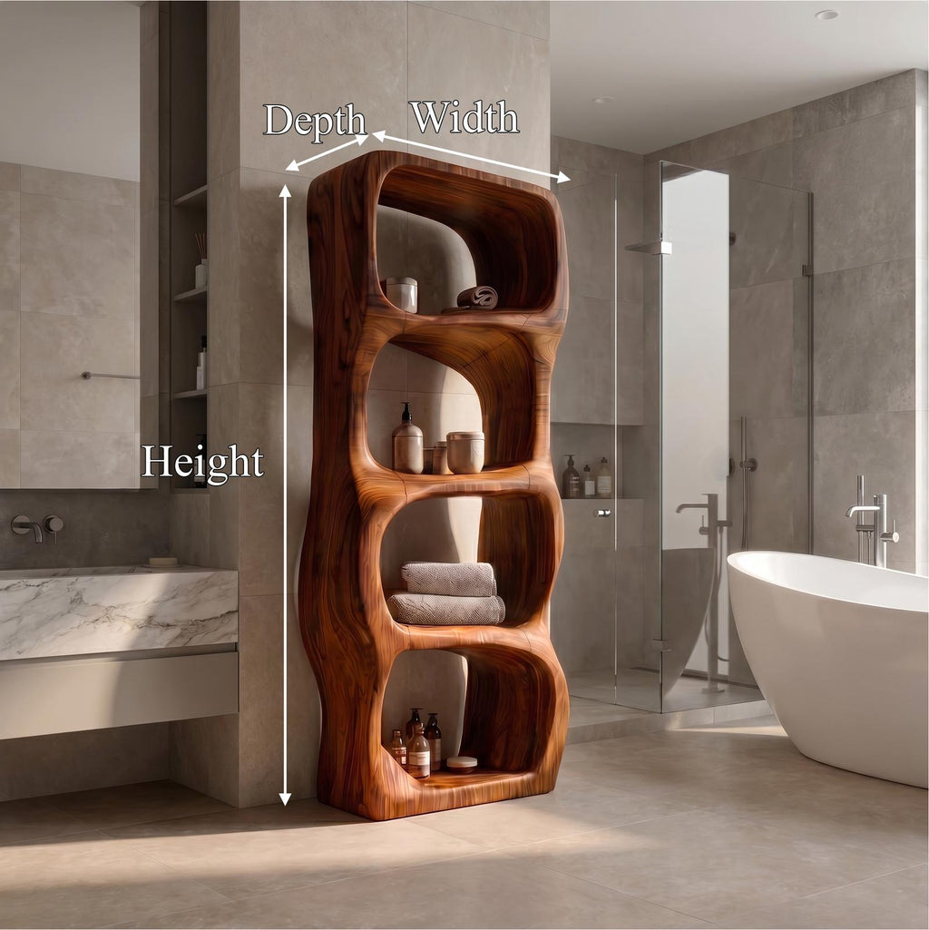 Modern Organic Bathroom Cabinet, Rounded Sculptural Shelves & Open Storage Standing Wood Cabinet