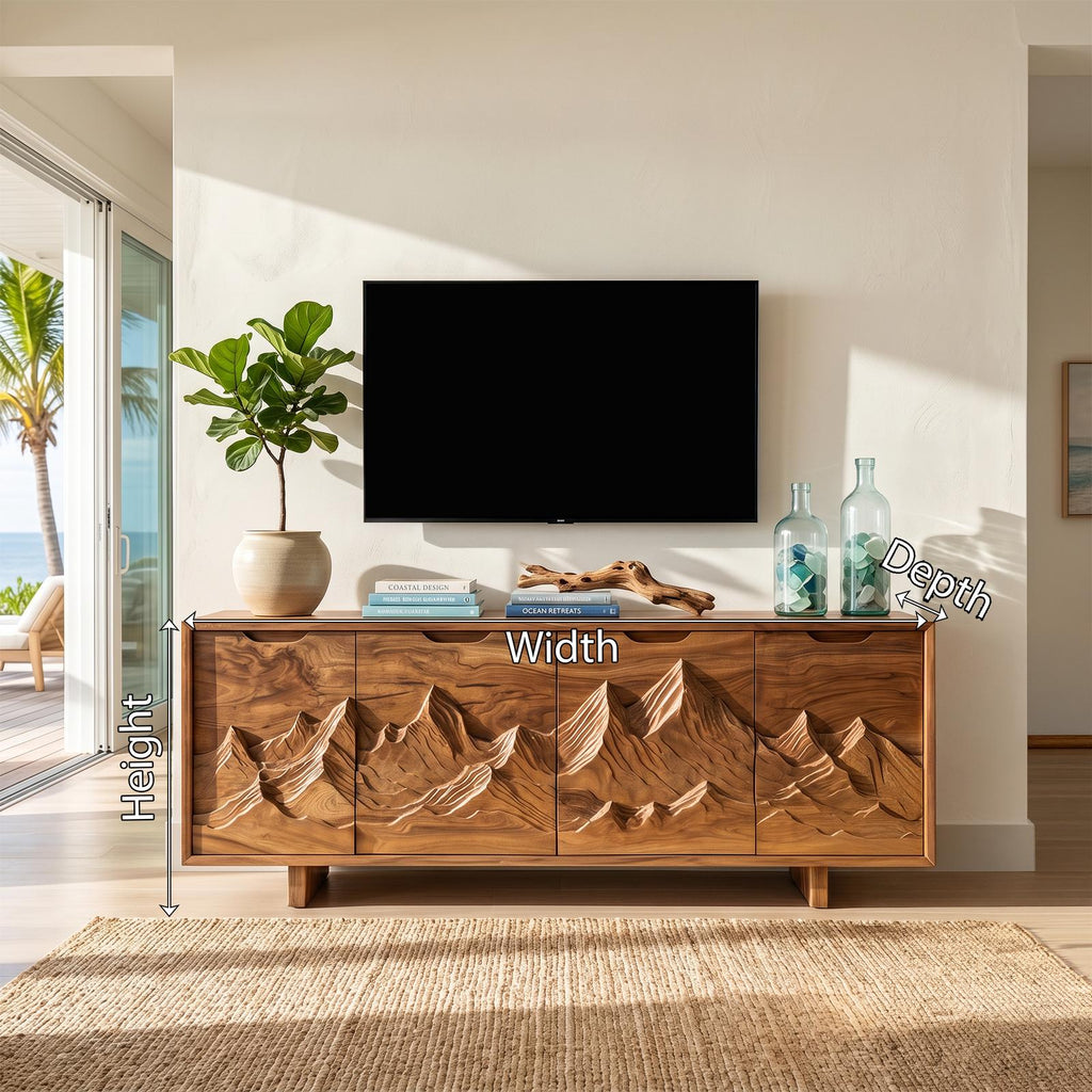 Mountain Carved Wood Media Console Table, Handcrafted Rustic 3D Forest TV Stand for Cabin Living Room Decor